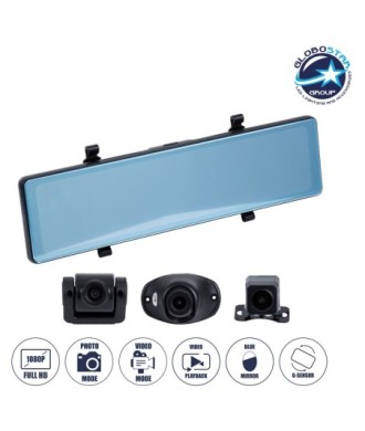 GloboStar® 86057 Καθρέπτης Αυτοκινήτου με 3 Κάμερες 3CHs AHD 1080P 170° - 4G Sim Card Slot - WiFi - GPS Navigator - Bluetooth - G Sensor - 24h Monitoring - FM Transmitter -  Νυχτερινή Όραση - Μαύρο